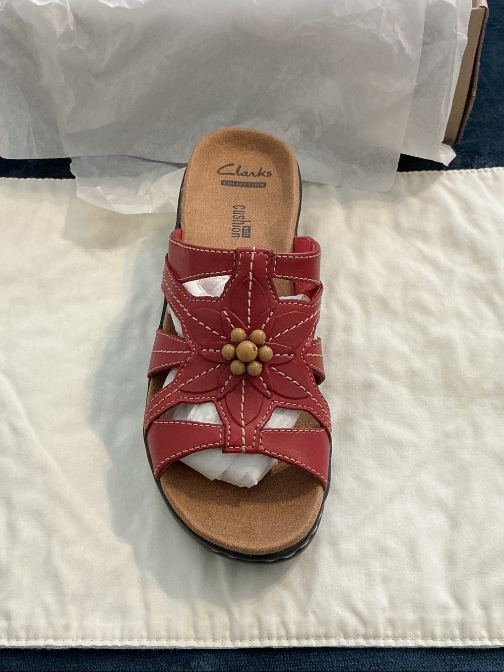 Clarks Red Leather Slide Sandal with Floral Bead Accent